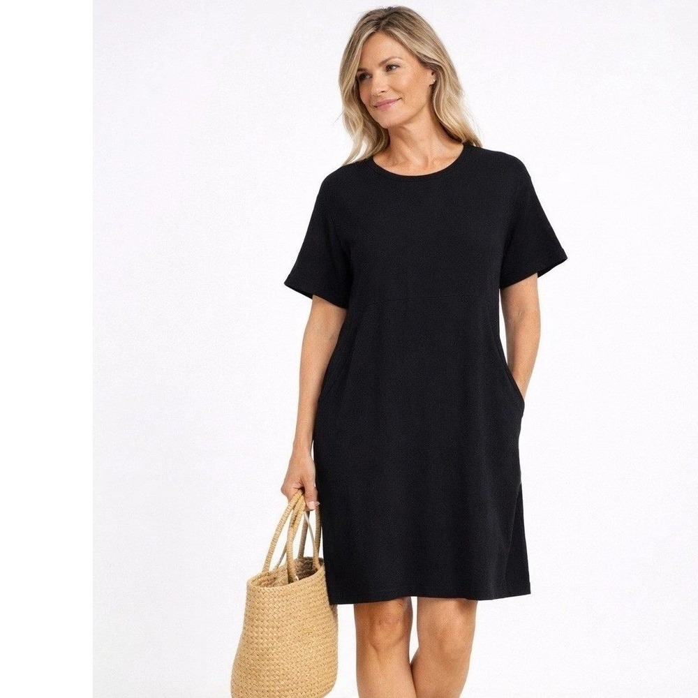 Bryn Walker Cotton Gauze Mini Dress Sz L Black Short Sleeve Pockets Lagenlook